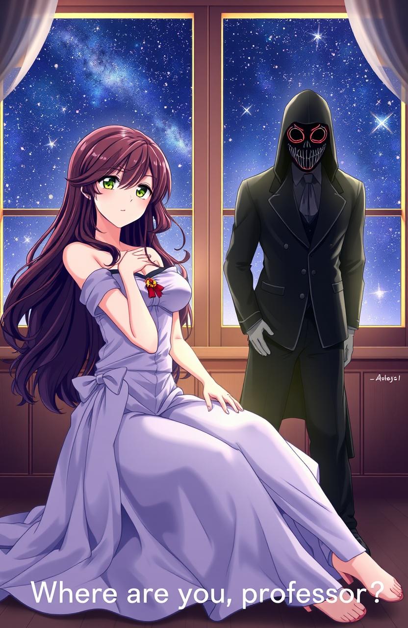An anime-style illustration showcasing two women in contrasting poses: one woman sitting gracefully, displaying a fierce expression, adorned with long, wavy hair, while the other woman stands confidently beside her