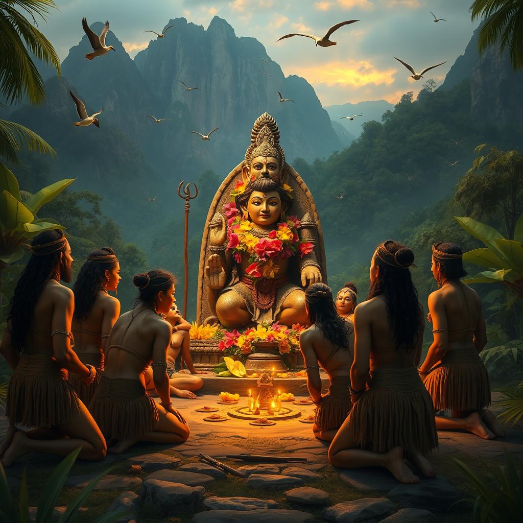A scene depicting ancient humans engaging in idol worship, surrounded by lush jungles and towering mountains