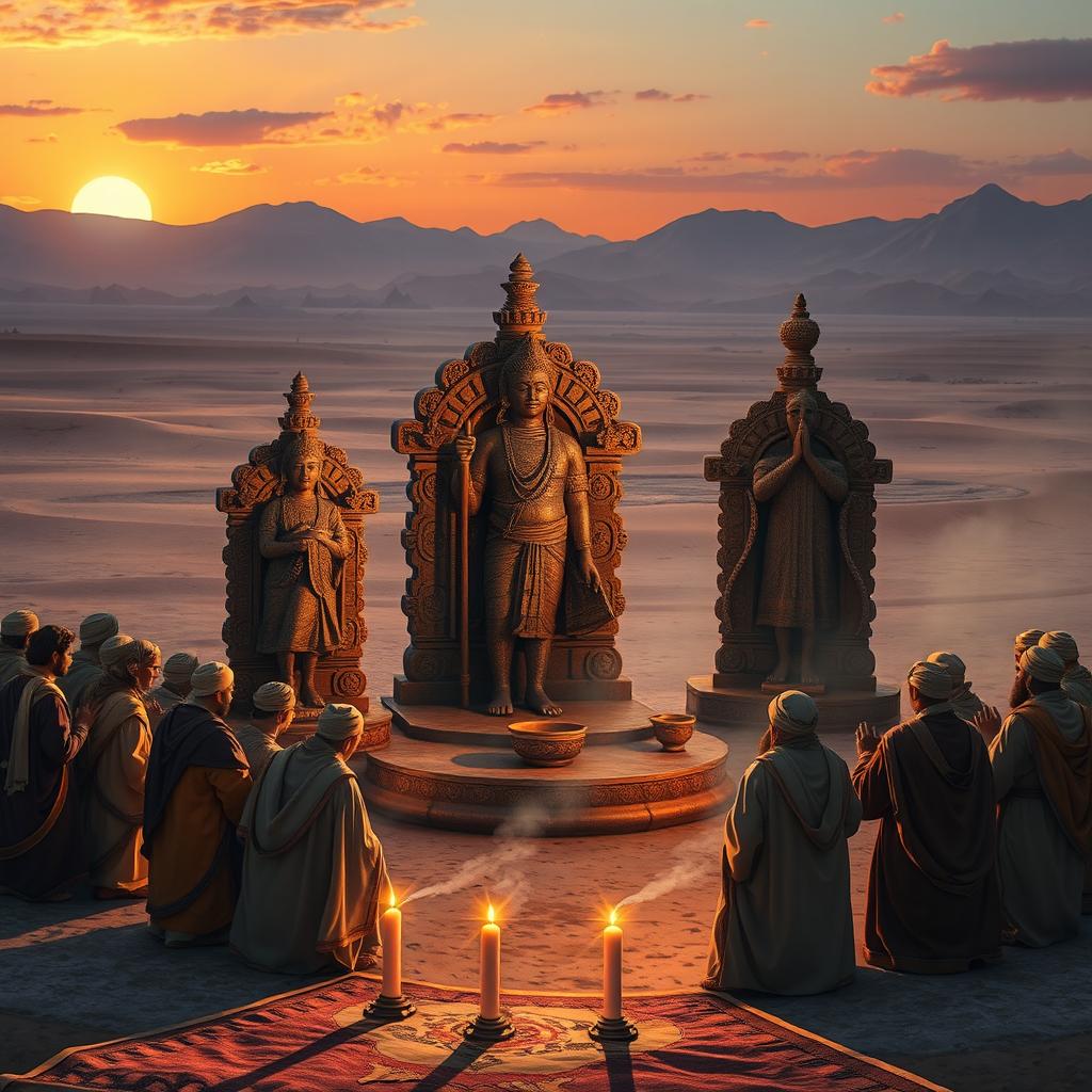 An ancient scene depicting people worshiping idols in a historical setting, inspired by the time of Prophet Ibrahim, featuring a diverse group of people in traditional attire, reverently gathered around beautifully crafted idols made of stone and wood, with intricate carvings and vibrant colors