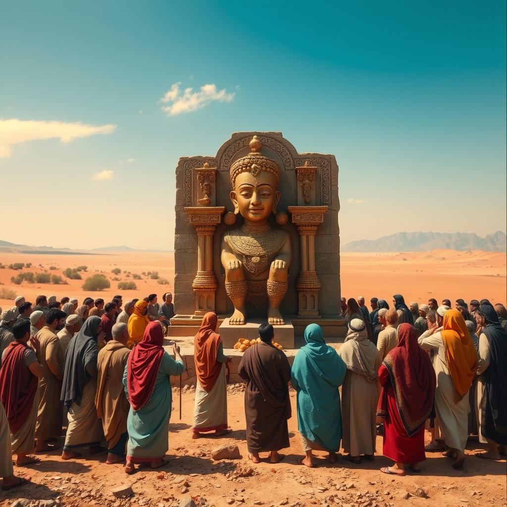 A historical scene depicting the time of Prophet Ibrahim, showing a diverse group of people gathered around a large, intricately designed idol made of stone and adorned with gold