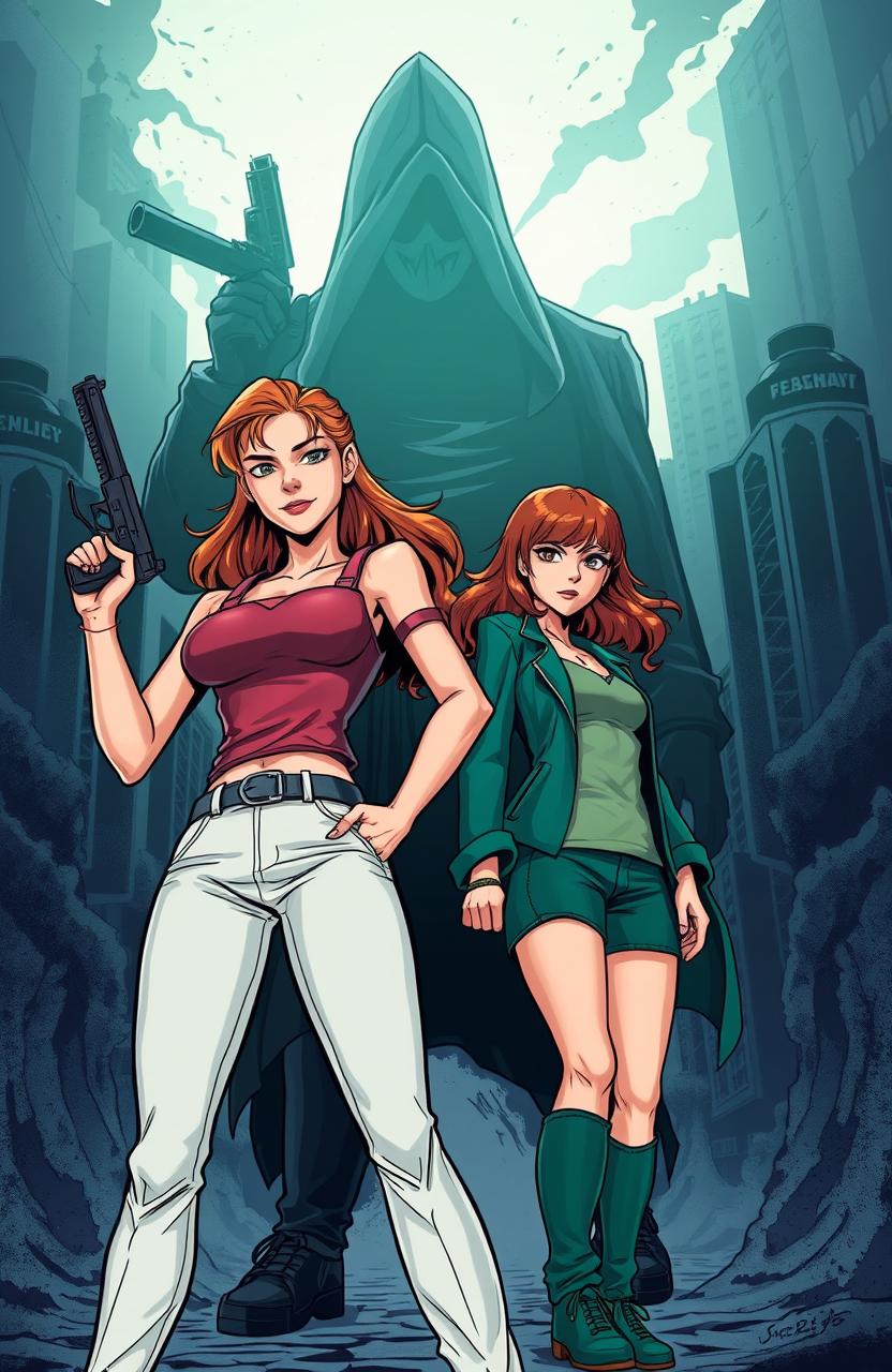 A dynamic comic-style illustration featuring two women standing confidently