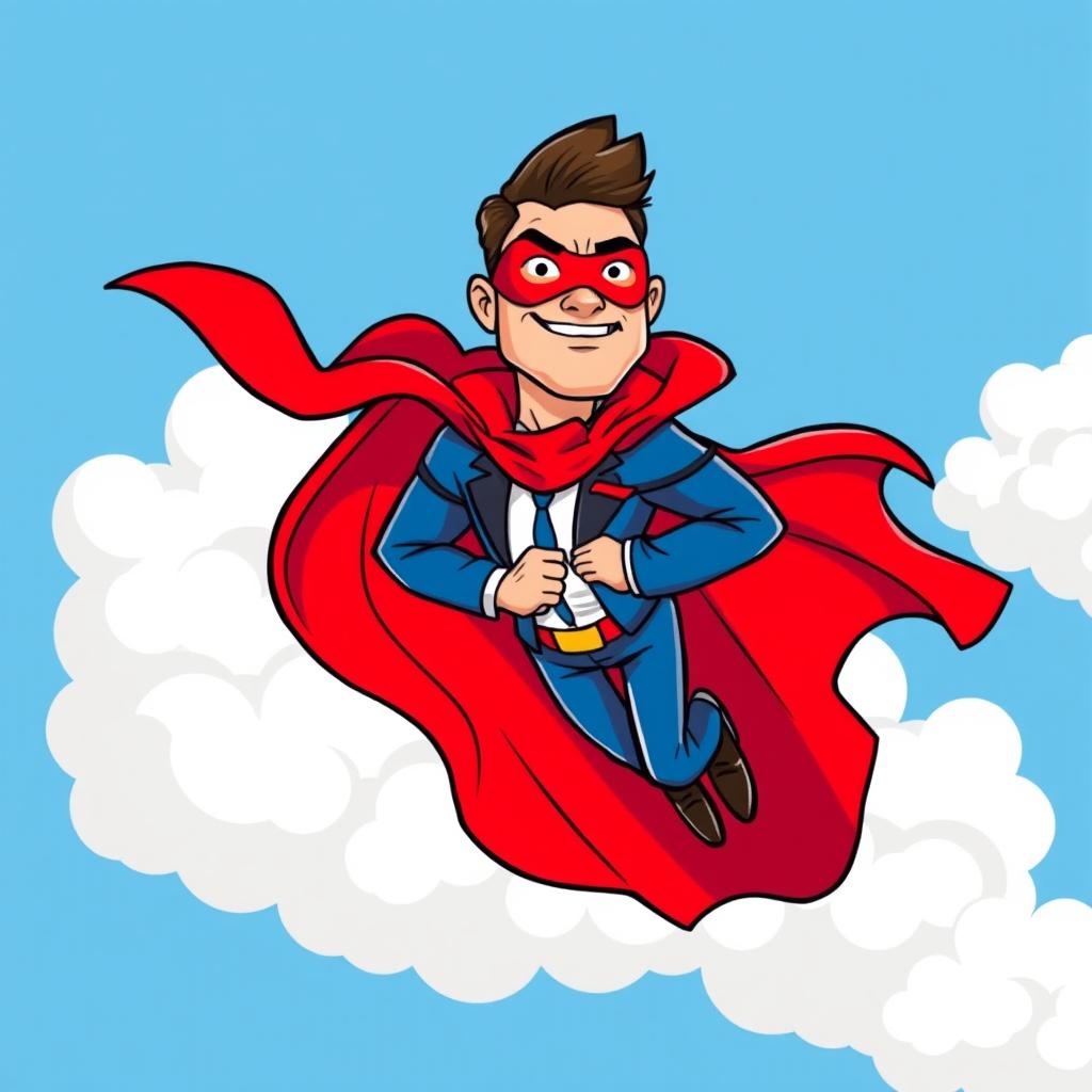 A cartoon man in a blue suit, wearing a flowing red cloak and a striking red mask, soaring through fluffy white clouds