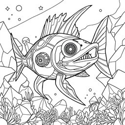 A sophisticated black and white coloring page featuring an advanced, futuristic Xiphias (swordfish) designed with modern, flowing shapes