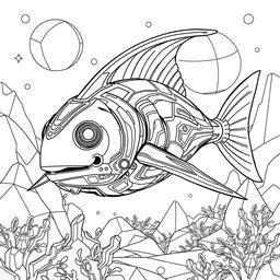 A sophisticated black and white coloring page featuring an advanced, futuristic Xiphias (swordfish) designed with modern, flowing shapes