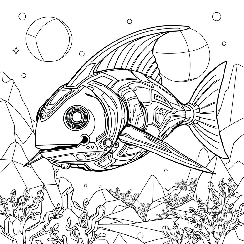 A sophisticated black and white coloring page featuring an advanced, futuristic Xiphias (swordfish) designed with modern, flowing shapes