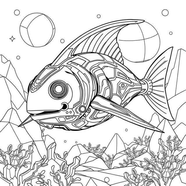 A sophisticated black and white coloring page featuring an advanced, futuristic Xiphias (swordfish) designed with modern, flowing shapes