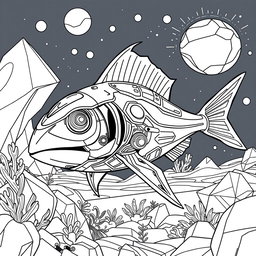 A sophisticated black and white coloring page featuring an advanced, futuristic Xiphias (swordfish) designed with modern, flowing shapes