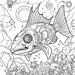 A sophisticated black and white coloring page featuring an advanced, futuristic Xiphias (swordfish) designed with modern, flowing shapes