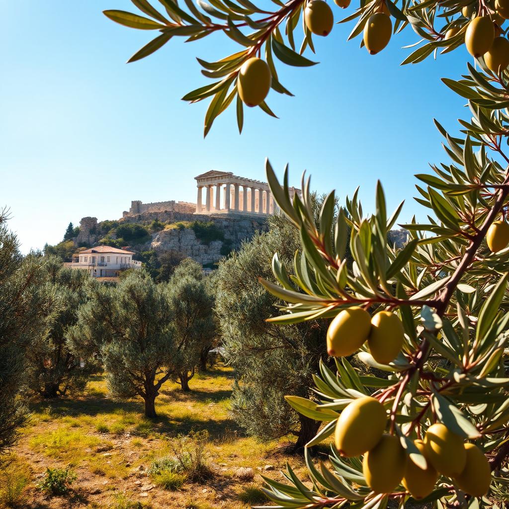 A beautiful landscape featuring olive trees with ripe olives, set against the backdrop of the Acropolis in Athens, Greece