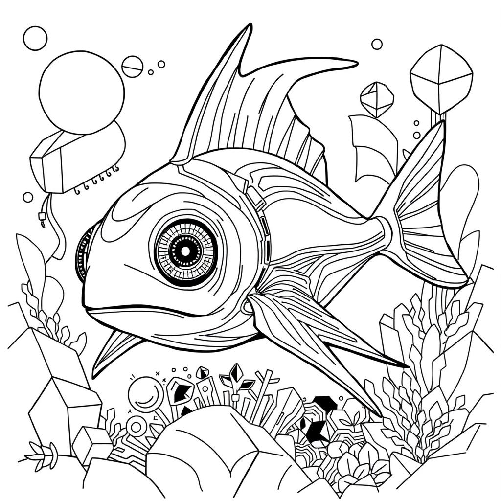 A sophisticated black and white coloring page featuring an advanced, futuristic Xiphias (swordfish) characterized by modern, flowing shapes