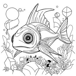 A sophisticated black and white coloring page featuring an advanced, futuristic Xiphias (swordfish) characterized by modern, flowing shapes