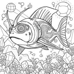 A sophisticated black and white coloring page featuring an advanced, futuristic Xiphias (swordfish) characterized by modern, flowing shapes