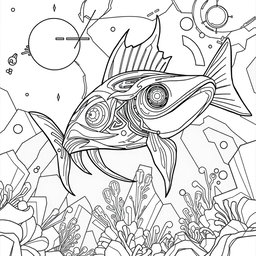 A sophisticated black and white coloring page featuring an advanced, futuristic Xiphias (swordfish) characterized by modern, flowing shapes