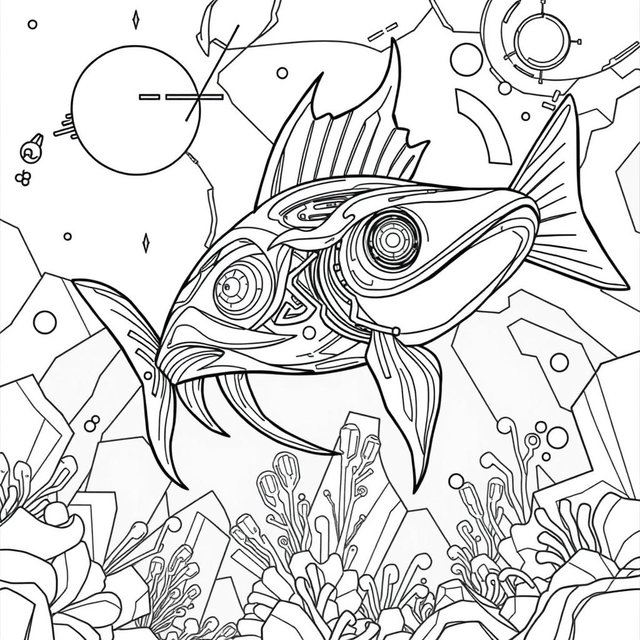 A sophisticated black and white coloring page featuring an advanced, futuristic Xiphias (swordfish) characterized by modern, flowing shapes