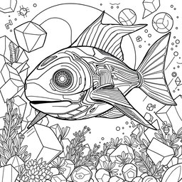 A sophisticated black and white coloring page featuring an advanced, futuristic Xiphias (swordfish) characterized by modern, flowing shapes