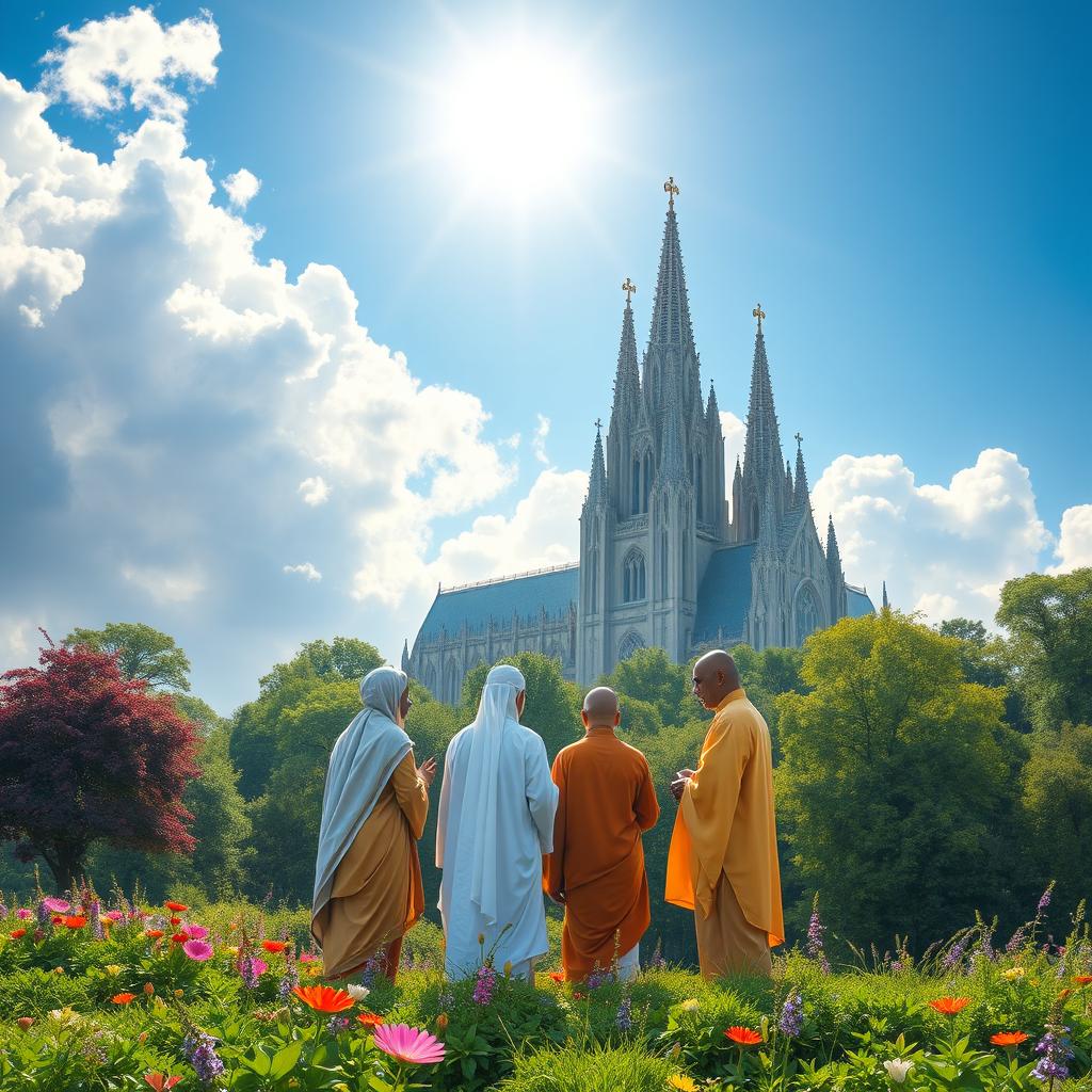 A serene landscape depicting a peaceful religious scene featuring a majestic cathedral with soaring spires, surrounded by lush greenery and vibrant flowers