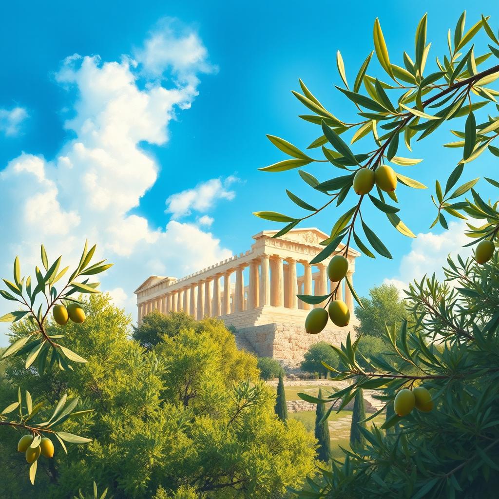 A beautiful painting depicting the Acropolis in Athens, Greece, surrounded by lush green olive trees