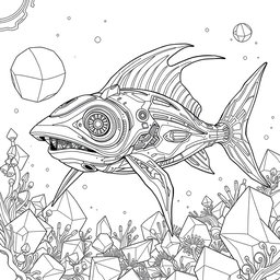 An A4-sized coloring page featuring a futuristic design of an advanced Xiphias (swordfish) in a high-tech style