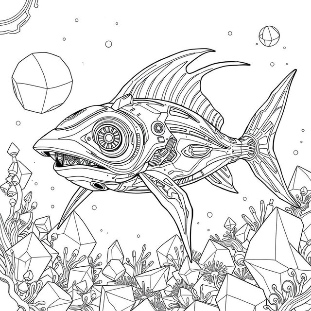 An A4-sized coloring page featuring a futuristic design of an advanced Xiphias (swordfish) in a high-tech style