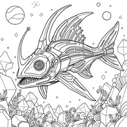 An A4-sized coloring page featuring a futuristic design of an advanced Xiphias (swordfish) in a high-tech style