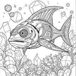 An A4-sized coloring page featuring a futuristic design of an advanced Xiphias (swordfish) in a high-tech style