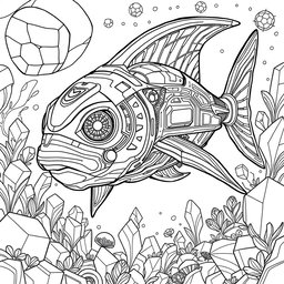 An A4-sized coloring page featuring a futuristic design of an advanced Xiphias (swordfish) in a high-tech style
