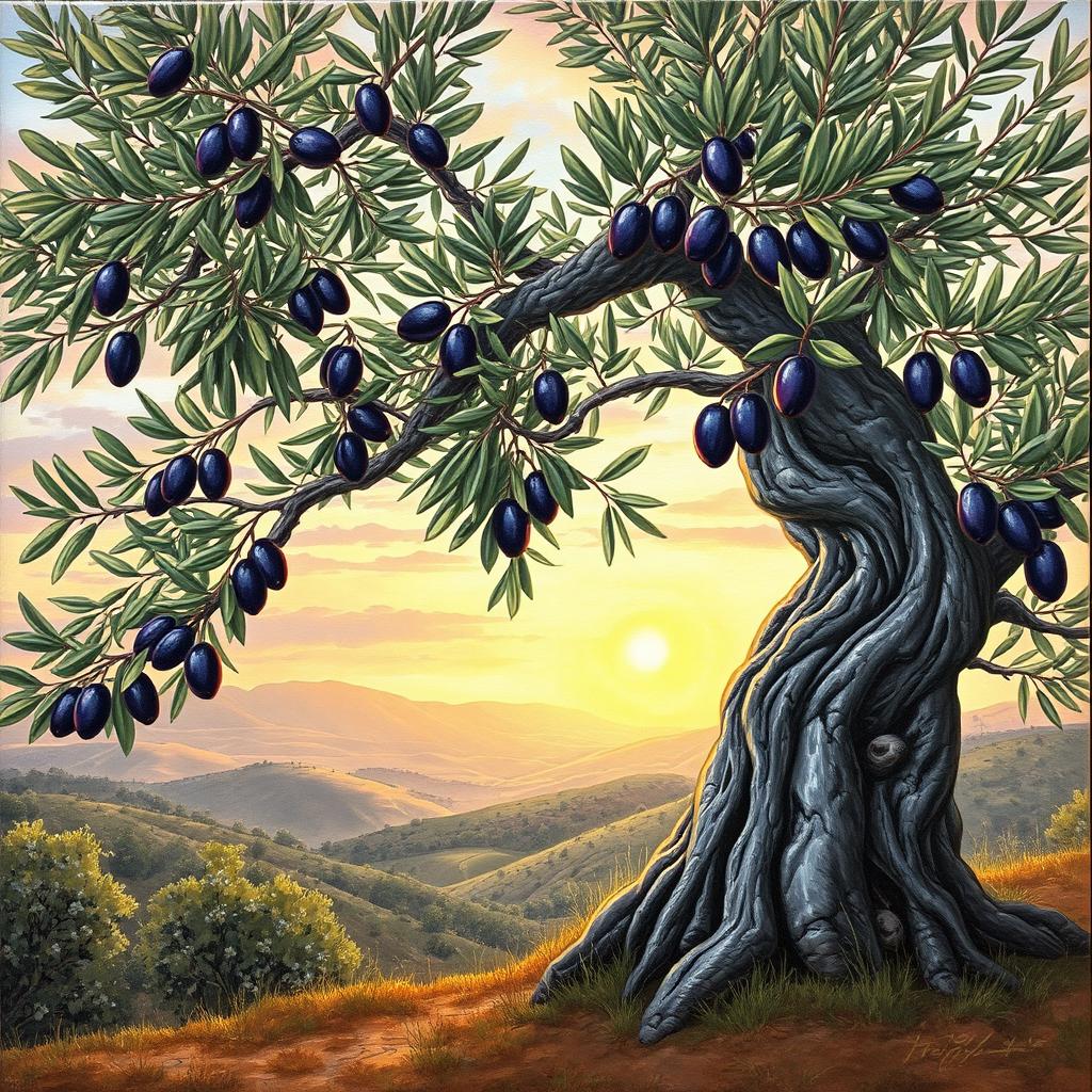 A serene landscape featuring a beautifully detailed olive tree, its twisting gnarled branches adorned with lush green leaves and ripe, purple olives