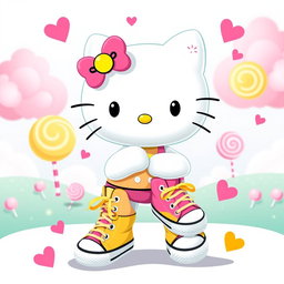 A cute and playful depiction of Hello Kitty, dressed in her iconic style