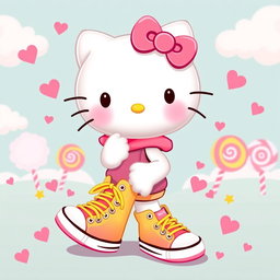 A cute and playful depiction of Hello Kitty, dressed in her iconic style