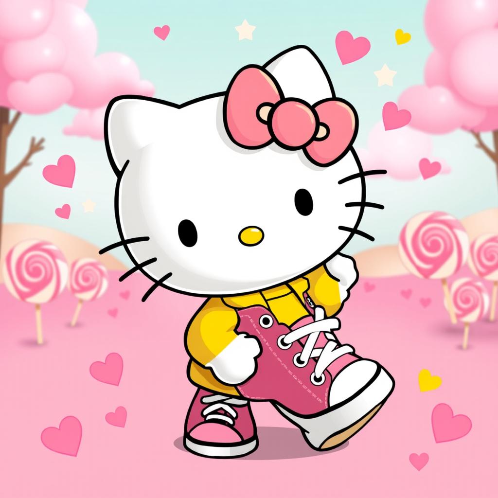 A cute and playful depiction of Hello Kitty, dressed in her iconic style