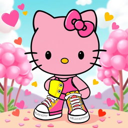 A cute and playful depiction of Hello Kitty, dressed in her iconic style