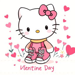 A cute and whimsical illustration of Hello Kitty, the beloved character with a bow, wearing pink and yellow Chuck Taylor sneakers