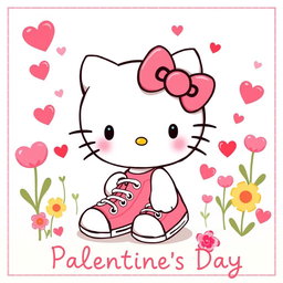 A cute and whimsical illustration of Hello Kitty, the beloved character with a bow, wearing pink and yellow Chuck Taylor sneakers