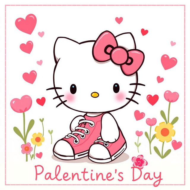 A cute and whimsical illustration of Hello Kitty, the beloved character with a bow, wearing pink and yellow Chuck Taylor sneakers