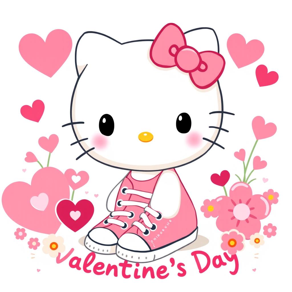 A cute and whimsical illustration of Hello Kitty, the beloved character with a bow, wearing pink and yellow Chuck Taylor sneakers