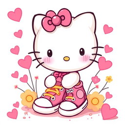 A cute and whimsical illustration of Hello Kitty, the beloved character with a bow, wearing pink and yellow Chuck Taylor sneakers