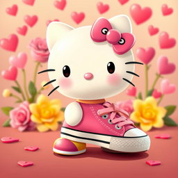 A cute cartoon character inspired by Hello Kitty, wearing vibrant pink and yellow Chuck Taylor shoes, surrounded by a festive Valentine's Day theme with hearts and flowers in the background