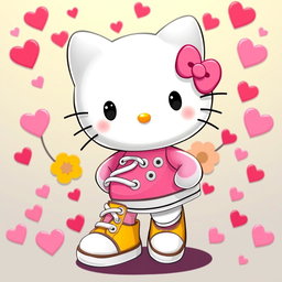 A cute cartoon character inspired by Hello Kitty, wearing vibrant pink and yellow Chuck Taylor shoes, surrounded by a festive Valentine's Day theme with hearts and flowers in the background