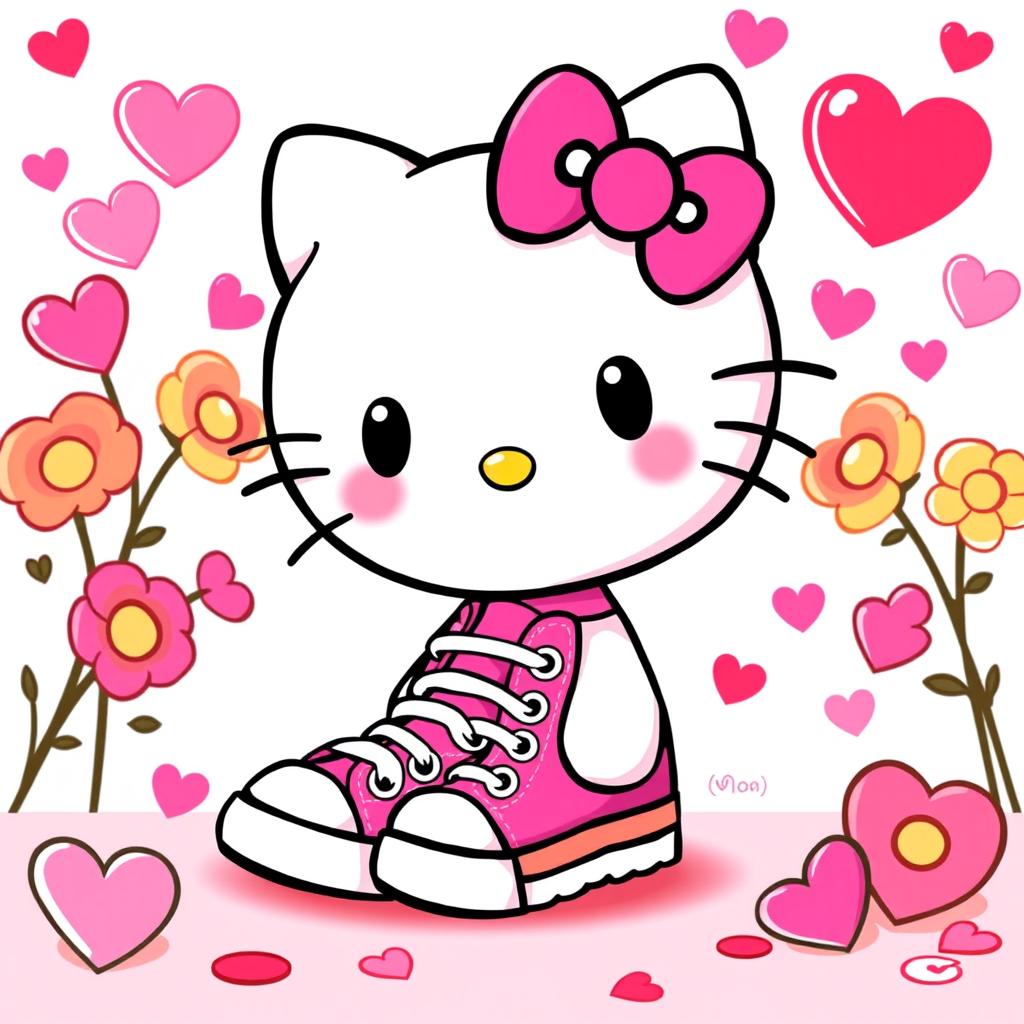 A cute cartoon character inspired by Hello Kitty, wearing vibrant pink and yellow Chuck Taylor shoes, surrounded by a festive Valentine's Day theme with hearts and flowers in the background