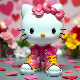 A cute cartoon character inspired by Hello Kitty, wearing vibrant pink and yellow Chuck Taylor shoes, surrounded by a festive Valentine's Day theme with hearts and flowers in the background
