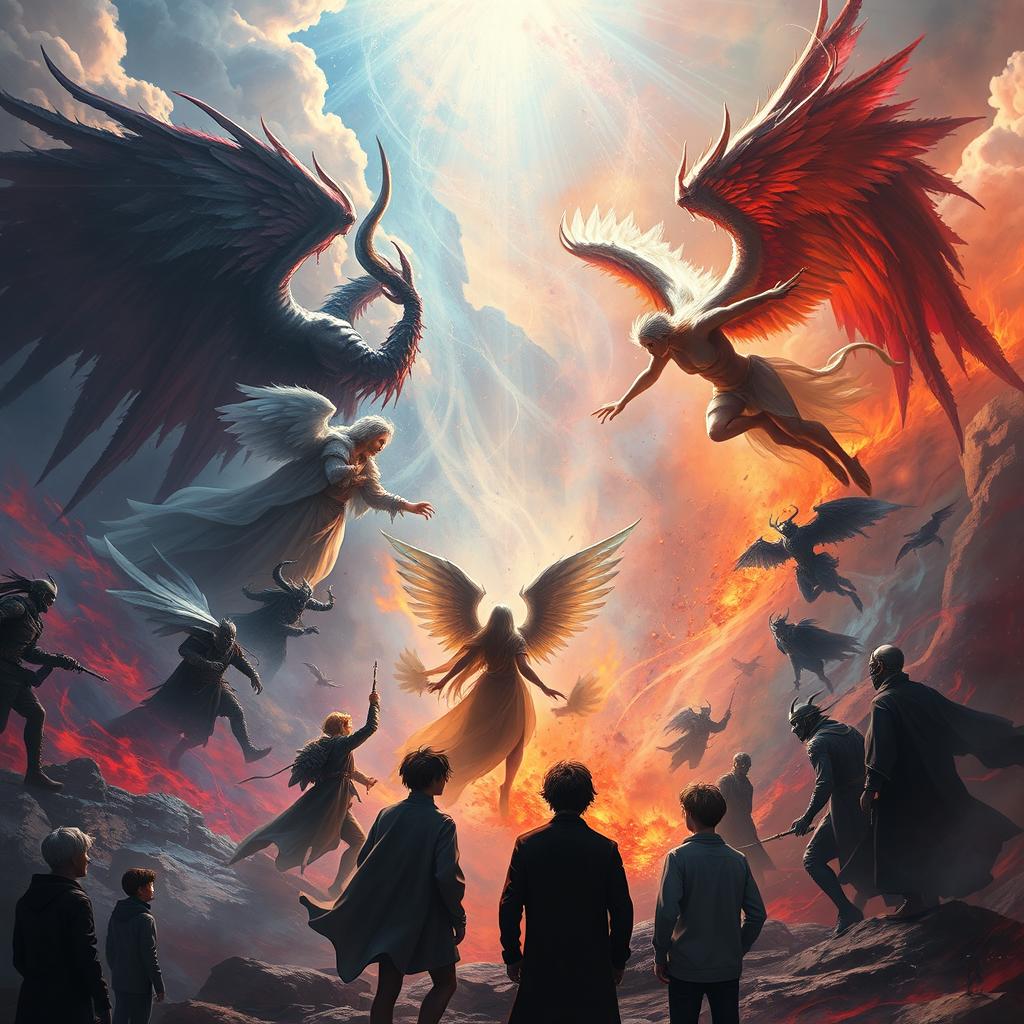 A dramatic scene depicting a celestial battle between angels and demons, with vibrant colors representing different realms