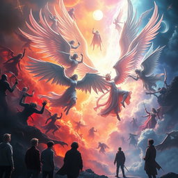 A dramatic scene depicting a celestial battle between angels and demons, with vibrant colors representing different realms