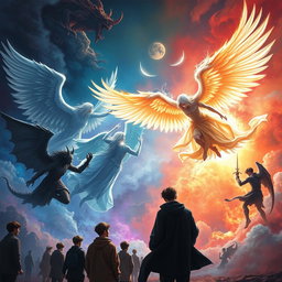 A dramatic scene depicting a celestial battle between angels and demons, with vibrant colors representing different realms