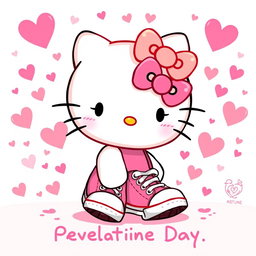 A delightful and vibrant illustration of Hello Kitty, the iconic character with her signature bow, wearing Chuck Taylor sneakers on her feet