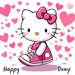 A delightful and vibrant illustration of Hello Kitty, the iconic character with her signature bow, wearing Chuck Taylor sneakers on her feet
