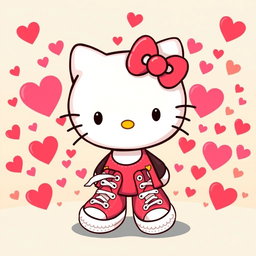 A delightful and vibrant illustration of Hello Kitty, the iconic character with her signature bow, wearing Chuck Taylor sneakers on her feet