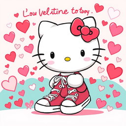 A delightful and vibrant illustration of Hello Kitty, the iconic character with her signature bow, wearing Chuck Taylor sneakers on her feet