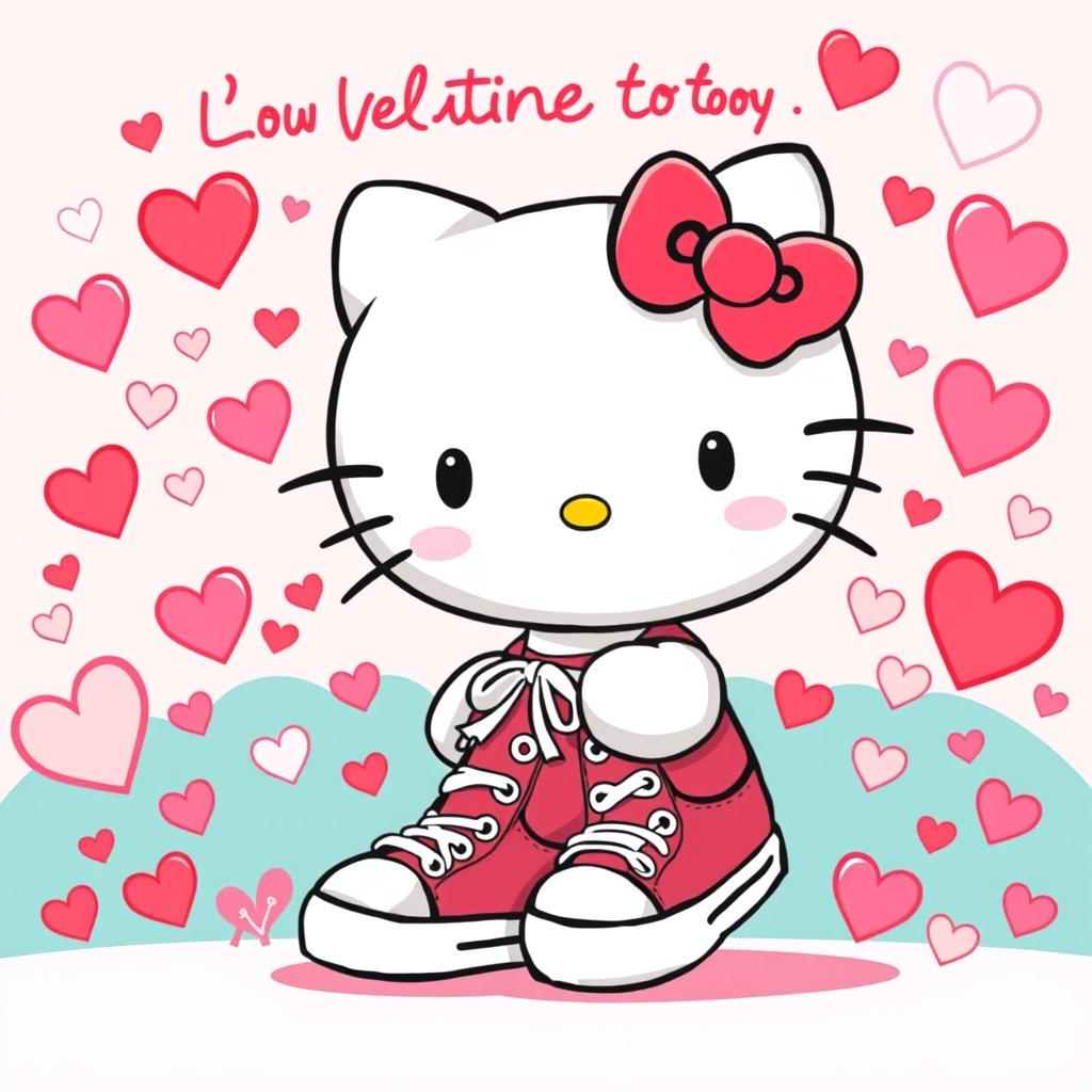 A delightful and vibrant illustration of Hello Kitty, the iconic character with her signature bow, wearing Chuck Taylor sneakers on her feet