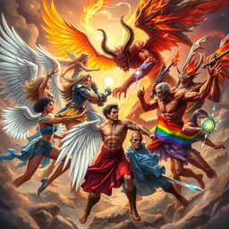 A dynamic scene depicting a group of diverse characters representing humans, angels, and demons engaged in an epic battle