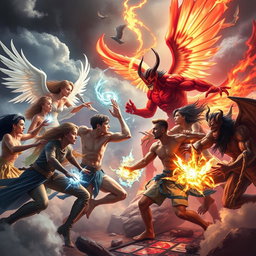 A dynamic scene depicting a group of diverse characters representing humans, angels, and demons engaged in an epic battle